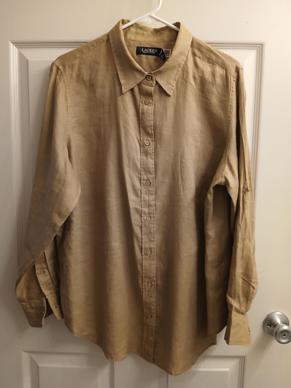 Ralph Lauren Woman's Linen Khaki Long-Sleeve Button-Down Shirt